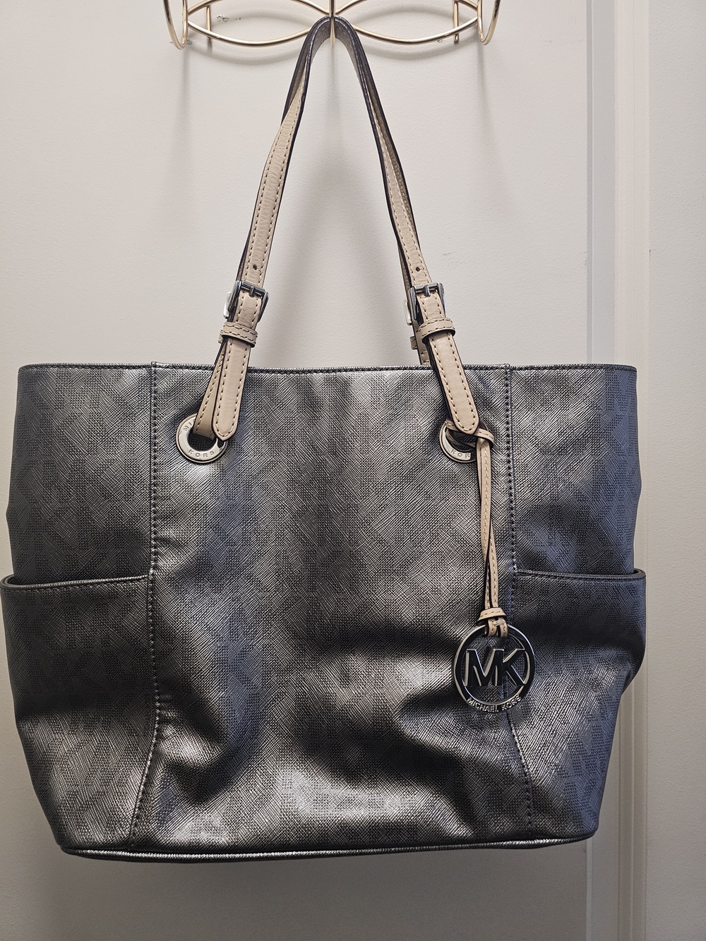 Michael Kors Pewter Metallic Tote Bag with Beige Straps